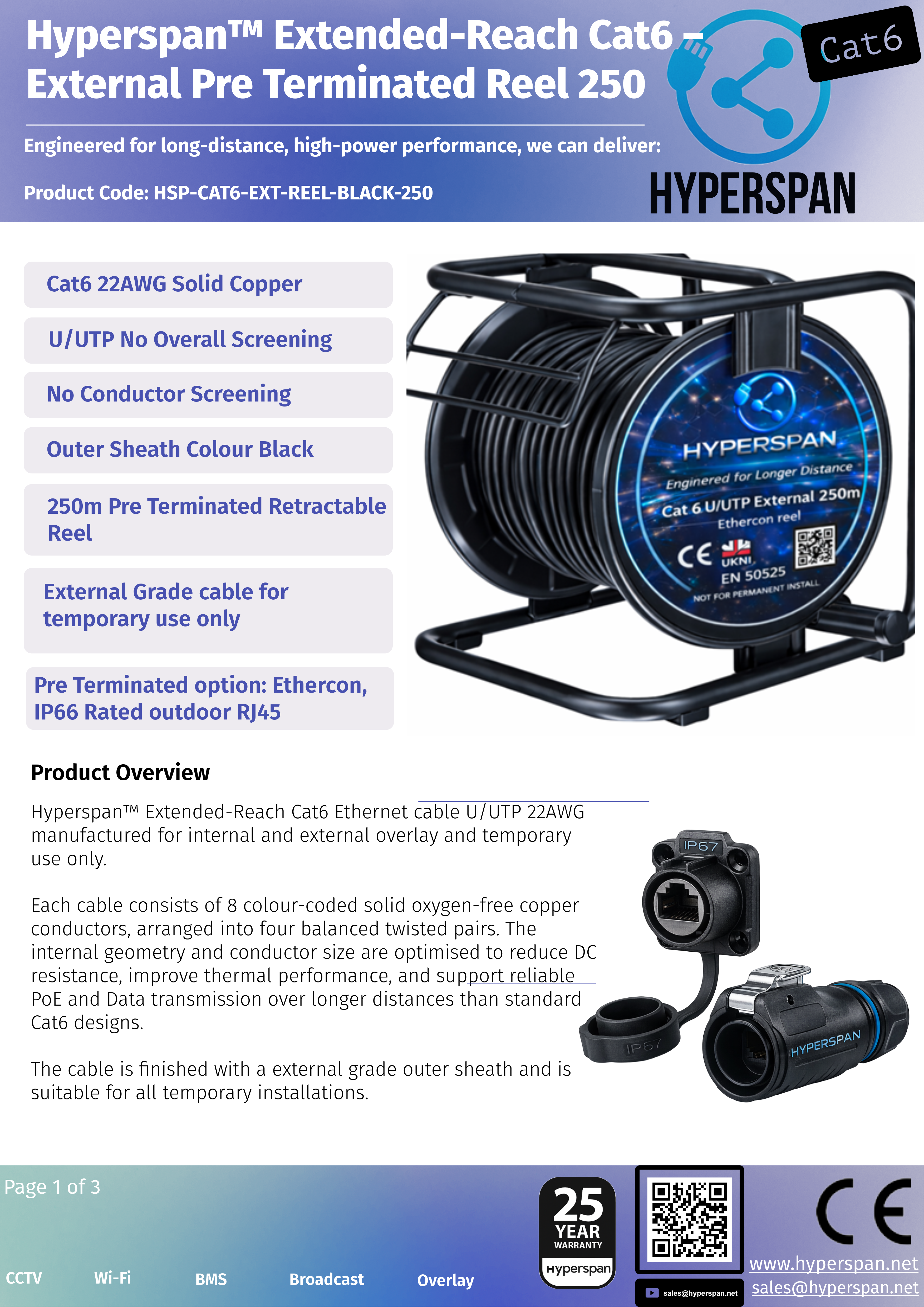 Hyperspan™ Extended-Reach Cat6 Cable – CCTV, Wi-Fi, smart buildings - PoE++ 250m Reel