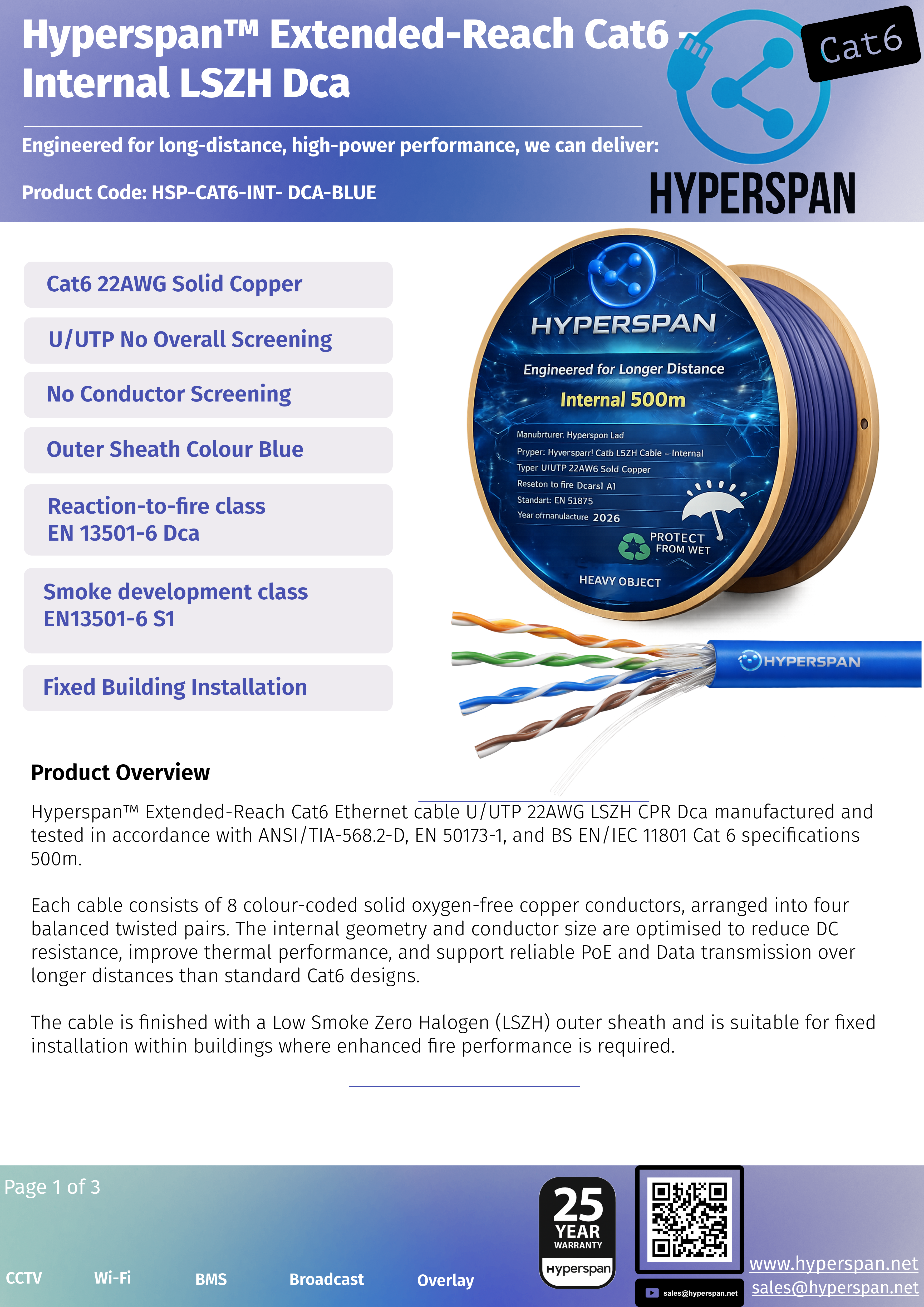 Hyperspan™ Extended-Reach U/UTP Cat6 INT Dca Cable – CCTV, Wi-Fi, smart buildings - PoE++